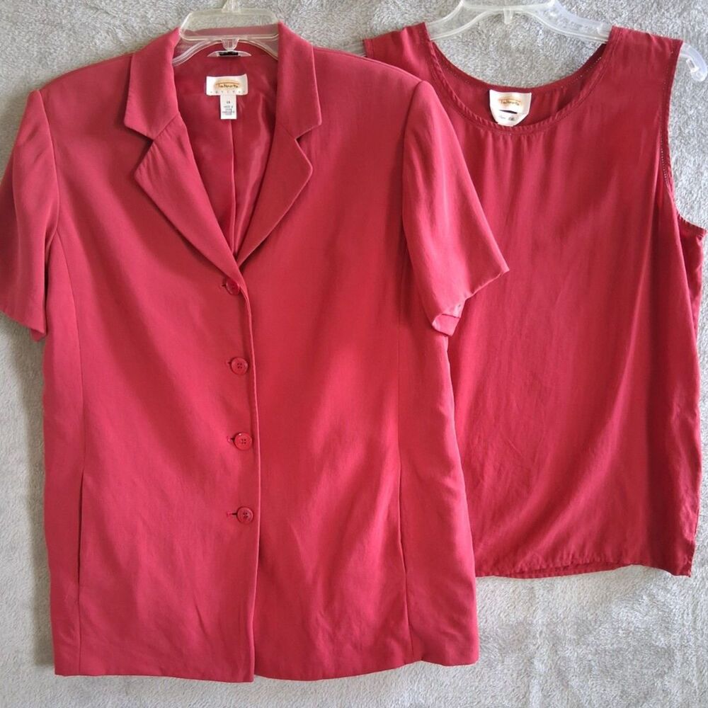 Talbots 14 Petite Pure Silk Crepe Red Short Sleeve Blazer‎ + Tank Pockets Office